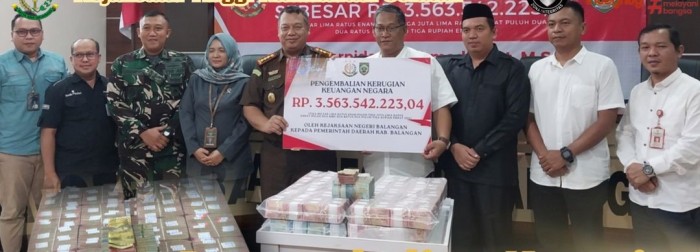 Uang kerugian Negara sebanyak Rp 3,5 Miliar dalam perkara korupsi pada Dinas Pertanian (Distan) Kabupaten  Balangan Provinsi Kalimantan Selatan (Kalsel) dikembalikan ke Kas Daerah, Rabu (5/6/2024). (SuarIndonesia/Ist)