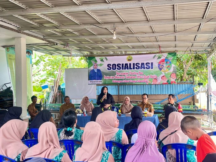 TEKS foto : Ketua GOW Balangan, Megawati Ulpah Supiani saat menyampaikan sosialisasi pencegahan stunting di Desa Baruh Panyambaran, Selasa (11/6/2024) (SuarIndpnesia/Adv)