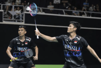 Bagas/Fikri kalah dramatis dari Kim Astrup/Anders Skaarup Rasmussendi dengan skor 16-21, 21-15, 21-23 pada perempat final Indonesia Open 2024, Jumat (7/6/2024) malam. [PBSI]