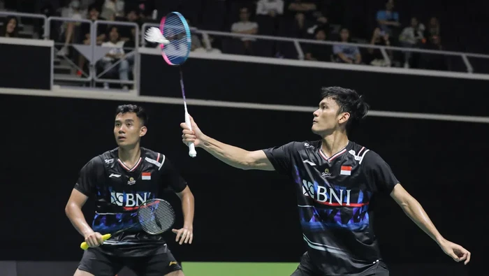 Bagas/Fikri kalah dramatis dari Kim Astrup/Anders Skaarup Rasmussendi dengan skor 16-21, 21-15, 21-23 pada perempat final Indonesia Open 2024, Jumat (7/6/2024) malam. [PBSI]