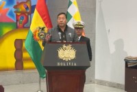 Presiden Bolivia Luis Arce berbicara saat dia 