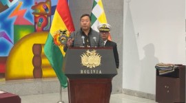 Presiden Bolivia Luis Arce berbicara saat dia 