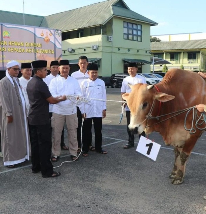Korem 101/Antasari berbagi, menyerahkan hewan kurban secara simbolis kepada ketua panitia SuarIndonesia/Ist)