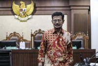 Mantan Menteri Pertanian Syahrul Yasin Limpo dituntut 12 tahun penjara dalam kasus pemerasan di lingkungan Kementerian Pertanian (SYL) dituntut. [ANTARA FOTO/Dhemas Reviyanto]