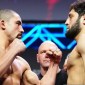 Petarung MMA Robert Whittaker (kiri) dan Ikram Aliskerov (kanan) saat sesi face up jelang bertarung di acara utama UFC di Arab Saudi, Sabtu (22/6/2024). SuangIndonesia/ANTARA/www.mmafighting.com/Chir Unger/Zuffa LLC/aa.