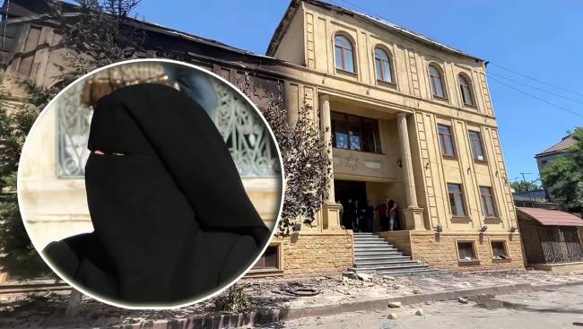 Foto diambil dari video yang dirilis oleh The Telegram Channel kepala Republik Dagestan Rusia pada 24 Juni 2024, pemandangan sinagoga Kele-Numaz di Derbent yang rusak pasca operasi kontra-teroris di republik Dagestan, Rusia. Inset: Ilustrasi -- Seorang wanita mengenakan niqab [AP Photo/Marcello Casal Jr/ABr.]