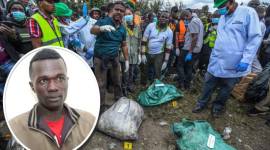 Masyarakat berkumpul di sekitar pembuangan jenazah korban yang diduga dibunuh Collins Jumaisi Khalusha di kawasan Mukuru kwa Njenga, Nairobi, Kenya, Sabtu (13/7/2024) lalu. Inset: Collins Jumaisi Khalusha, 33, dirilis Direktorat Reserse Kriminal di Kenya.[AA/Directorate of Criminal Investigation/CNN]
