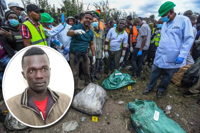 Masyarakat berkumpul di sekitar pembuangan jenazah korban yang diduga dibunuh Collins Jumaisi Khalusha di kawasan Mukuru kwa Njenga, Nairobi, Kenya, Sabtu (13/7/2024) lalu. Inset: Collins Jumaisi Khalusha, 33, dirilis Direktorat Reserse Kriminal di Kenya.[AA/Directorate of Criminal Investigation/CNN]