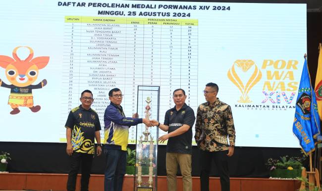 Ketua Umum PWI Pusat, Hendry Ch Bangun menyerahkan Piala Presiden RI kepada Ketua PWI Kalsel,  Zainal Helmie yang menjadi tuan rumah sekaligus juara umum dalam perhelatan Porwanas XIV 2024. Porwanas ditutup secara resmi di Mahligai Pancasila, MInggu (25/8/2024) malam. (SuarIndonesia/Ist)