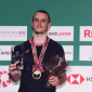 Pebulu tangkis tunggal putra Prancis, Alex Lanier di podium Japan Open 2024 di Yokohama Arena, Minggu (25/8/2024).(Xinhua/Zhang Xiaoyu)