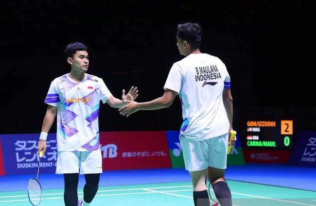 Ganda putra Indonesia Leo Rolly Carnando/Bagas Maulana saat berlaga di semifinal Japan Open 2024, Yokohama, Jepang, Sabtu (24/8/2024). (SuarIndonesia/ANTARA/HO-PP PBSI/aa
