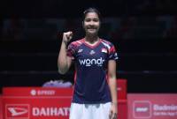 Pebulu tangkis tunggal putri Indonesia, Ester Nurumi Tri Wardoyo, berpose setelah memenangi babak pertama Japan Open 2024 di Yokohama Arena, Kanagawa, Jepang, Rabu (21/8/2024). (PBSI)