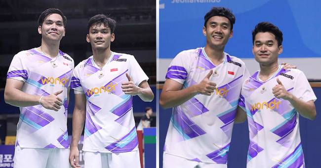 
Kolase pasangan ganda putra Indonesia Daniel/Fikri (kiri) bertemu Bagas/Leo (kanan) di All Semifinal Indonesia Korea Open 2024 pada Sabtu (31/8/2024). [Kolase SuarIndonesia - @PBSI]