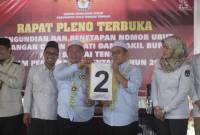 Bakal Calon Bupati Hulu Sungai Tengah (HST) Samsul Rizal dan Bakal Calon Wakil Bupati, Ustadz Rosyadi Elmi mengikuti Rapat Pleno Terbuka Pengundian dan Penetapan Nomor Urut Pasangan Calon dalam Pemilihan Serentak Tahun 2024 di Kantor KPU HST di Barabai, Senin (23/9/2024). (SuarIndonesia/Ist)