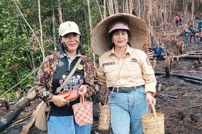 Legislator Kabupaten Gumas Rayaniatie Djangkan (kanan) dan lainnya, saat mengikuti harubuh manugal di Kelurahan Tewah Kecamatan Tewah, Senin (7/10/2024). (ANTARA/HO-PWI Gumas)
