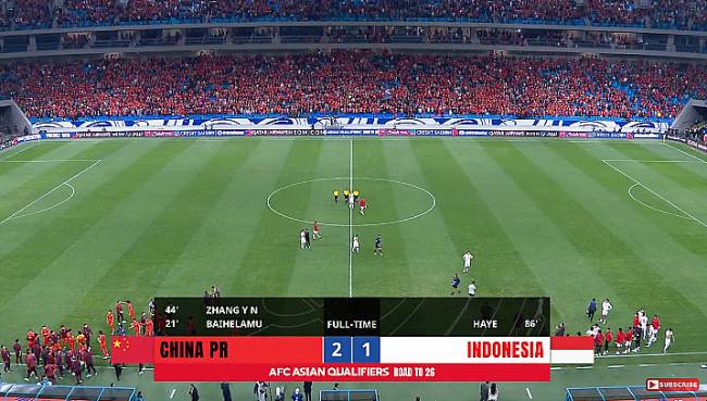 Timnas Indonesia kalah 1-2 dari Timnas China di Kualifikasi Piala Dunia 2026. (Foto: Screenshot @Youtube AFC Asian Cup)
