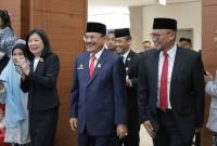 Ketua sementara DPRD Provinsi Kalimantan Selatan (Kalsel) H Supian HK (ketiga kana) saat menghadiri pengukuhan Kepala Perwakilan Bank Indonesia yang baru di Banjarmasin, Rabu (2/10/2024).