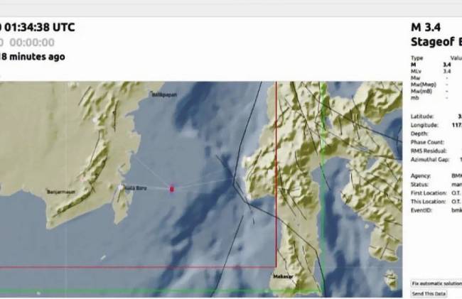 Tangkapan Layar - Titik koordinat gempa berkekuatan Magnitudo 3,3 di perairan Kabupaten Kotabaru, Provinsi Kalimantan Selatan pada Rabu (30/10/2024). (ANTARA/HO-BMKG Kalsel)