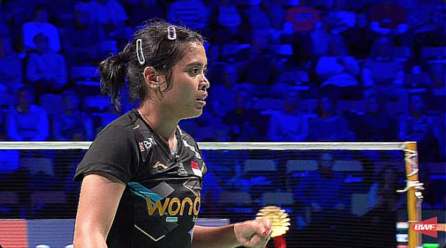 
Gregoria Mariska Tunjung melaju ke semifinal Denmark Open 2024. (Screenshot: @BWF TV)