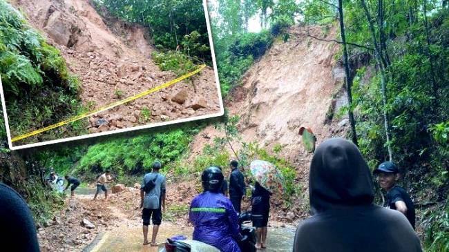 Akses di Jalan Ir PHM Noor di Tiwingan Lama, Kabupaten Banjar yang tebingnya longsor ke jalan. (Foto: Istimewa)  
