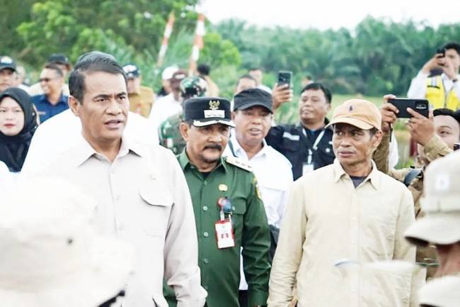 Rektor ULM Prof Ahmad Alim Bachri mendampingi Menteri Pertanian RI Andi Amran Sulaiman saat kunjungan ke lahan rawa lebak di Desa Bati-Bati, Kabupaten Tanah Laut, Kalimantan Selatan, untuk program Cetak Sawah Rakyat (CSR). (ANTARA/Firman)