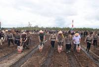 WAKAPOLDA Kalteng Brigjen Pol Rakhmad Setyadi (kedua kanan) mengenakan topi caping melakukan penanaman jagung sama forkopimda di Palangka Raya, Selasa (21/1/2025). (ANTARA/HO-Humas Polda Kalteng)