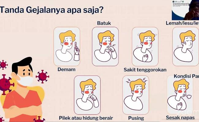 Tangkapan layar bahan presentasi Ketua Tim Kerja Infeksi Saluran Pernapasan Akut (ISPA) Kementerian Kesehatan Nani Rizkiyati terkait gejala ISPA dalam diskusi daring 