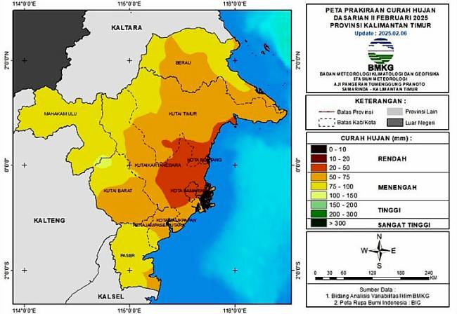 Peta prakiraan deterministik curah hujan dasarian II Februari 2025 yang dikeluarkan oleh BMKG Stasiun Samarinda. (ANTARA/HO BMKG Samarinda)

