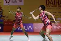 Pebulu tangkis ganda putra Indonesia Muhammad Shohibul Fikri (kiri) dan Daniel Marthin (kanan)