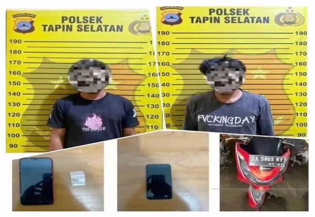 Polsek Tapin Selatan menangkap dua pengedar sabu SR dan AS saat hendak bertransaksi narkoba di Rantau, Kabupaten Tapin, Jumat (31/1/2025). (ANTARA/Muhammad RP)