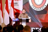 Mendagri Muhammad Tito Karnavian pada acara Kongres Advokat Indonesia di Bandung, Jawa Barat, Senin (10/2/2025). (ANTARA/HO-Puspen Kemendagri)