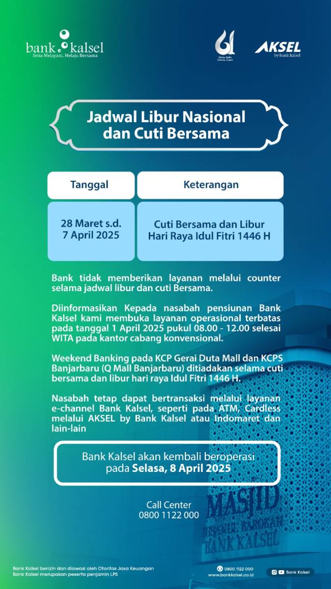Bank Kalsel Umumkan Cuti Bersama dan Libur Idul Fitri 1446 H