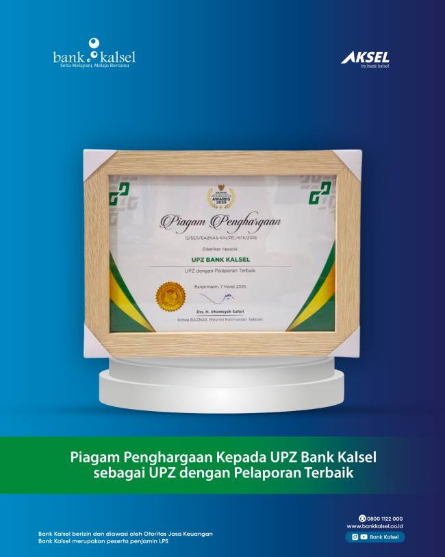 BANK KALSEL Raih Piagam Penghargaan BAZNAS Award 2025