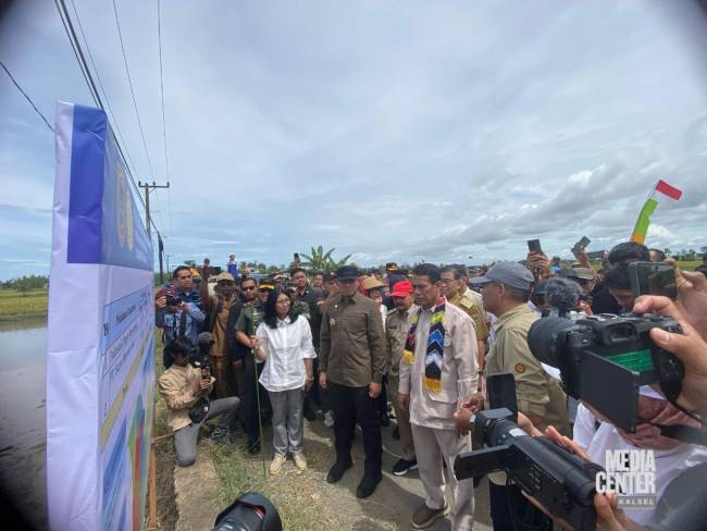 Mentan meninjau lokasi Optimasi Lahan (Oplah) Panen Raya dan Tanam padi di Kecamatan Kurau, Kabupaten Tanah Laut, Selasa (18/3/2025). (SuarIndonesia/RW)