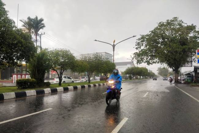 Seorang pengendara sepeda motor melintas di jalan di Kota Palangka Raya saat hujan. (Foto: ANTARA/Rendhik Andika)