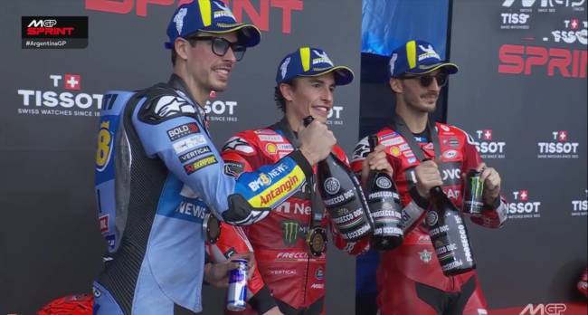 Podium sprint race MotoGP Argentina 2025 MM93,AM73,dan FB63. (Foto: Screenshot MotoGP.Live.com)
