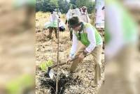Pelaksana Tugas Kepala Dinas Lingkungan Hidup Kotawaringin Timur, Marjuki menanam pohon di Kebun Raya Sampit dalam rangka peringatan Hari Bumi, Selasa (22/4/2025). (Foto: ANTARA/Norjani)