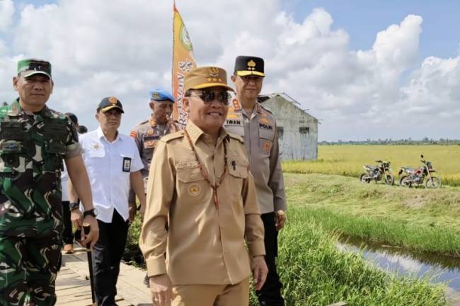 Gubernur Kalteng Agustiar Sabran menghadiri Gerakan Tanam Padi Serentak di 14 Provinsi Sentra Produksi Padi yang dipusatkan di Desa Lampuyang Kabupaten Kotawaringin Timur, Rabu (23/4/2025). (Foto: ANTARA/HO-Diskominfo Kotim)