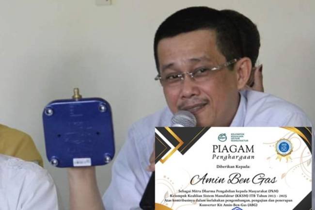 Inovator teknologi konversi energi asal Kalimantan Barat, Amin Suwarno, menerima penghargaan sebagai Mitra Dharma Pengabdian kepada Masyarakat dari Kelompok Keahlian Sistem Manufaktur (KKSM) Institut Teknologi Bandung (ITB) untuk periode 2013–2025. (Foto: ANTARA/HO- Dokumentasi Amin Ben-gas)