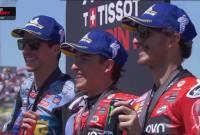 Podium Sprint Race MotoGP Spanyol 2025 dengan Marc  Marquez juaranya disusul Alex Marquez dan Bagnaia.(Foto: MotoGP.Live.com)