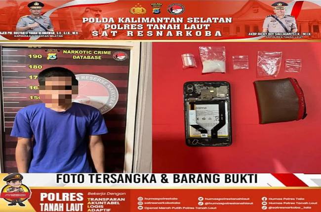 Satresnarkoba Polres Tanah Laut menciduk YS beserta barang bukti sabu saat berada di rumah Tanah Laut, beberapa waktu lalu. (Foto: ANTARA/HO-Humas Polres Tanah Laut)