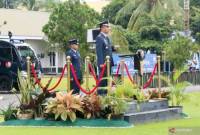 Danlanud Dhomber Balikpapan Kolonel Penerbang Fatta Patria saat memimpin upacara peringatan HUT TNI AU ke 79 di Lanud Dhomber Balikpapan. (Foto: AntaraKaltim/M Solih Januar)