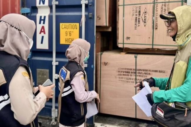 Petugas Karantina Kalsel saat memeriksa komoditas kayu lapis sebelum di ekspor ke Jerman dan Korea Selatan, di Pelabuhan Trisakti Banjarmasin, Kalimantan Selatan, Selasa (6/5/2025). (Foto: ANTARA/HO-Karantina Kalsel)