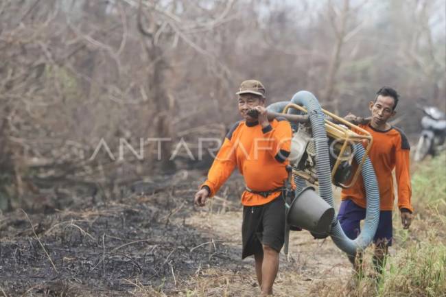 Petugas patroli pencegahan karhutla membawa peralatan pemadamam kebakaran lahan gambut di Desa Ganepo, Kabupaten Kotawaringin Timur, Kalimantan Tengah beberapa waktu lalu. (Foto: Dok ANTARA/Bayu Pratama S)