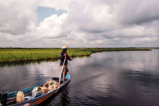 Seorang nelayan di desa Muara Siran, Kecamatan Muara Kaman, Kabupaten Kukar, Kaltim, sedang mencari ikan di rawa pada lahan gambut. (Foto: Dok ANTARA/HO-YKAN)