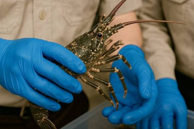 Petugas Karantina Kalsel saat memeriksa komoditas lobster sebelum dikirim ke Jakarta, di Satuan Pelayanan Bandara Gusti Syamsir Alam, Kotabaru, Kalimantan Selatan, Rabu (14/5/2025). (Foto: ANTARA/HO-Karantina Kalsel)