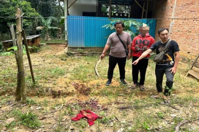 Anggota Reskrim Polsek Satui Polres Tanah Bumbu mengamankan pelaku pembunuhan SU 44 (tengah) dan polisi juga menunjukkan barang bukti dari pelaku pelaku berupa celurit yang di gunakan membunuh SU (50) warga Desa Sekapuk beberapa waktu lalu, Minggu (18/5/2025) (ANTARA/HO-Humas Polres Tanah Bumbu)