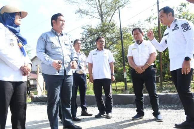 Bupati Pulang Pisau Ahmad Rifa’i bersama Wakil Bupati Ahmad Jayadikarta melihat dari dekat peningkatan ruas Jalan Patih Rumbih menuju feri penyeberangan di Kecamatan Pandih Batu, Rabu (11/6/2025). (Foto: ANTARA/HO-Diskominfostandi Pulpis)
