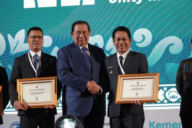 Bupati Balangan, Abdul Hadi menerima penghargaan atas keberhasilan Kabupaten Balangan dalam mencapai status eliminasi malaria. foto: MC Balangan