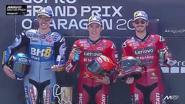 Podium juara MotoGP Aragon 2025, (Foto: MotoGP.Live.Com)